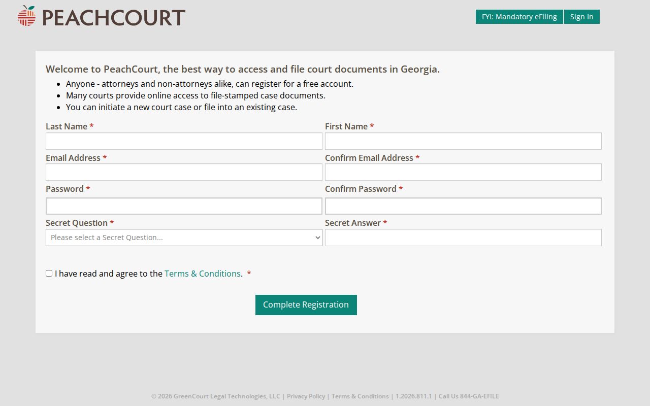 Bulloch County court calendar PeachCourt registration screen