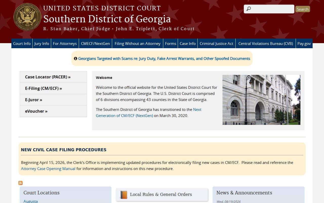 Southern District homepage for federal court records near Bulloch County